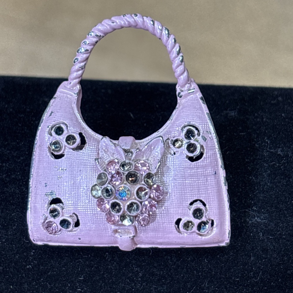 Vintage 1980s 90s Pink Enamel Rhinestone Purse Brooch Glam Repair
